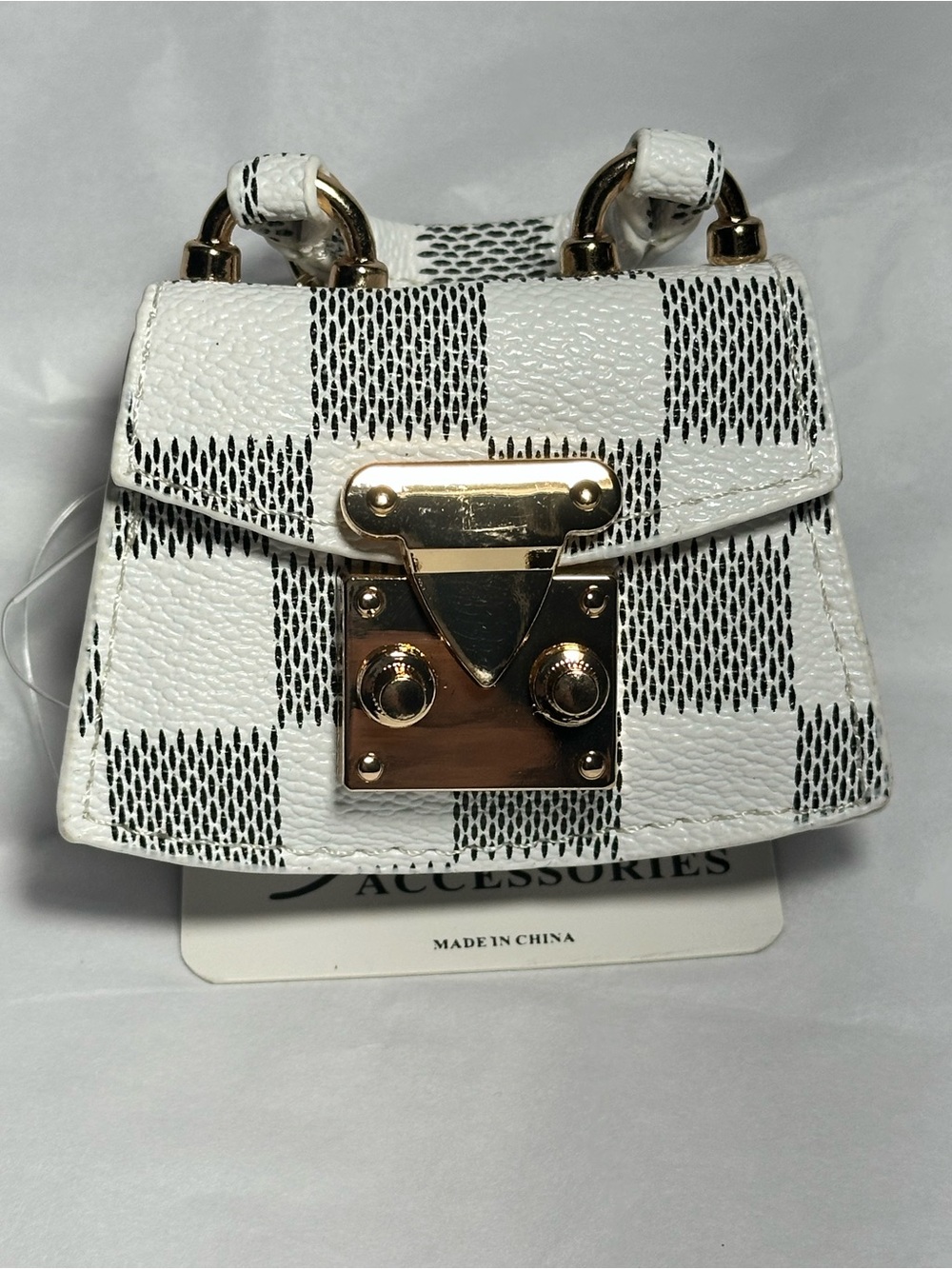 Mini Checkered Purse Keychain Bag Charm – White & Black with Gold Hardware